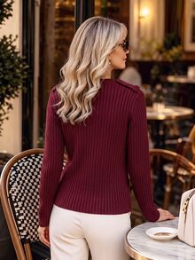 SHEIN Sweater Rajut Kerah Bulat dengan Kantong, Formal Musim Gugur/Musim Dingin Warna Burgundy Elegan Kasual - Burgundy - View 2