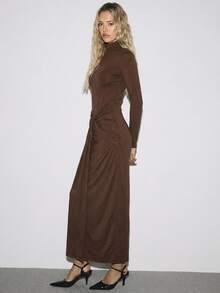 ATUI Studio Women's Solid Color Pleated Stand Collar Casual Party & Travel Dress - Brown - View 2