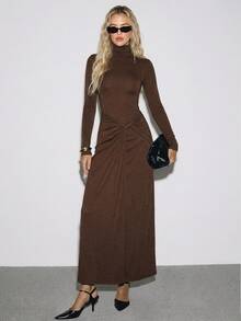 ATUI Studio Women's Solid Color Pleated Stand Collar Casual Party & Travel Dress - Brown - View 3