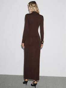 ATUI Studio Women's Solid Color Pleated Stand Collar Casual Party & Travel Dress - Brown - View 4