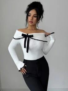 SHEIN Elenzya 3D花卉對比色露肩針織毛衣，修身不對稱袖女款百搭套頭上衣，適合秋冬 - 黑與白 - 查看 5