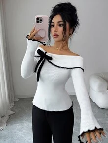 SHEIN Elenzya 3D花卉對比色露肩針織毛衣，修身不對稱袖女款百搭套頭上衣，適合秋冬 - 黑與白 - 查看 1