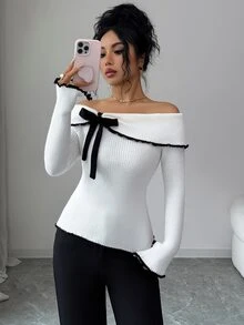 SHEIN Elenzya 3D花卉對比色露肩針織毛衣，修身不對稱袖女款百搭套頭上衣，適合秋冬 - 黑與白 - 查看 3