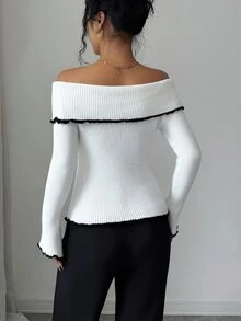 SHEIN Elenzya 3D花卉對比色露肩針織毛衣，修身不對稱袖女款百搭套頭上衣，適合秋冬 - 黑與白 - 查看 2