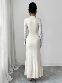 SHEIN Clasi 1pc Mock Neck Asymmetrical Hem Longline Dress Wedding Dinner Cocktail Cream White Autumn Elegant - Apricot - View 2