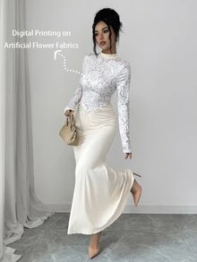 SHEIN Clasi 1pc Mock Neck Asymmetrical Hem Longline Dress Wedding Dinner Cocktail Cream White Autumn Elegant - Apricot - View 1