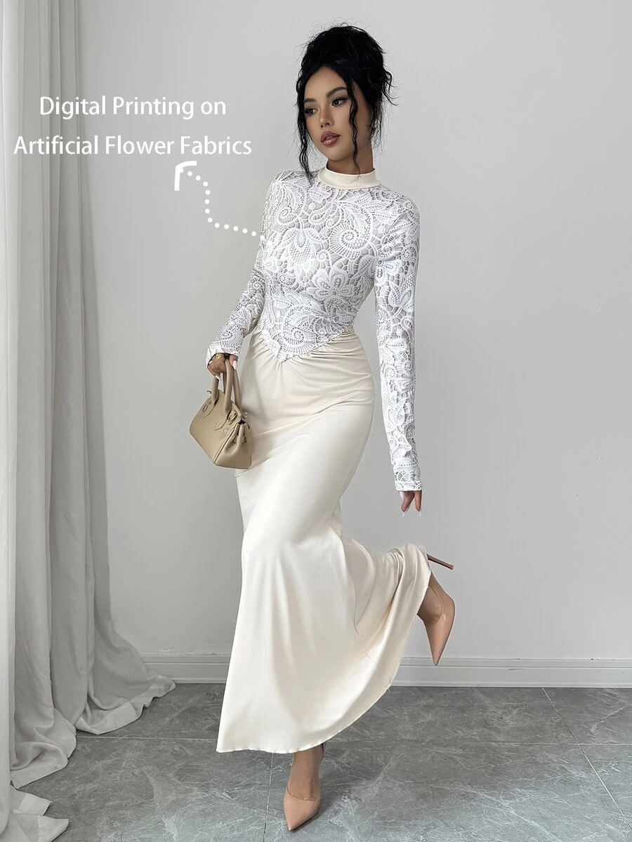 SHEIN Clasi 1pc Mock Neck Asymmetrical Hem Longline Dress Wedding Dinner Cocktail Cream White Autumn Elegant - Apricot - View 1