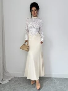 SHEIN Clasi 1pc Mock Neck Asymmetrical Hem Longline Dress Wedding Dinner Cocktail Cream White Autumn Elegant - Apricot - View 6