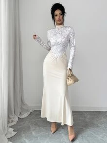 SHEIN Clasi 1pc Mock Neck Asymmetrical Hem Longline Dress Wedding Dinner Cocktail Cream White Autumn Elegant - Apricot - View 3