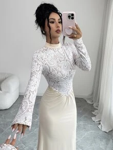 SHEIN Clasi 1pc Mock Neck Asymmetrical Hem Longline Dress Wedding Dinner Cocktail Cream White Autumn Elegant - Apricot - View 7