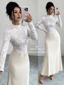 SHEIN Clasi 1pc Mock Neck Asymmetrical Hem Longline Dress Wedding Dinner Cocktail Cream White Autumn Elegant - Apricot - View 4
