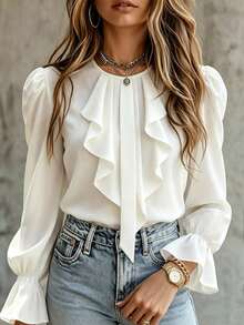 Balvessa Women's Elegant Versatile Ruffle Bell Sleeve Blouse Teachers' Day Office Dinner Off-White Autumn - White - View 5