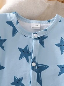 SHEIN 新生兒嬰兒藍色星星印花長袖秋冬連身衣睡衣 - 藍色 - 查看 8