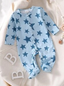 SHEIN 新生兒嬰兒藍色星星印花長袖秋冬連身衣睡衣 - 藍色 - 查看 6
