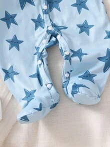 SHEIN 新生兒嬰兒藍色星星印花長袖秋冬連身衣睡衣 - 藍色 - 查看 9