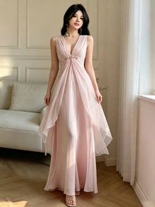 Celisse Women's Elegant Long Deep V-Neck Sleeveless Pink Dress - Pink - View 6