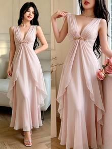 Celisse Women's Elegant Long Deep V-Neck Sleeveless Pink Dress - Pink - View 4