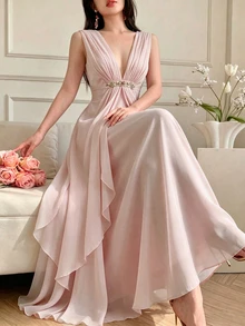 Celisse Women's Elegant Long Deep V-Neck Sleeveless Pink Dress - Pink - View 3