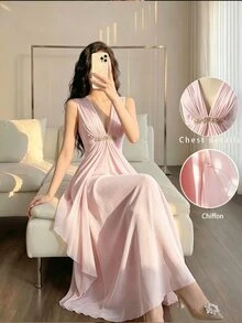 Celisse Women's Elegant Long Deep V-Neck Sleeveless Pink Dress - Pink - View 1