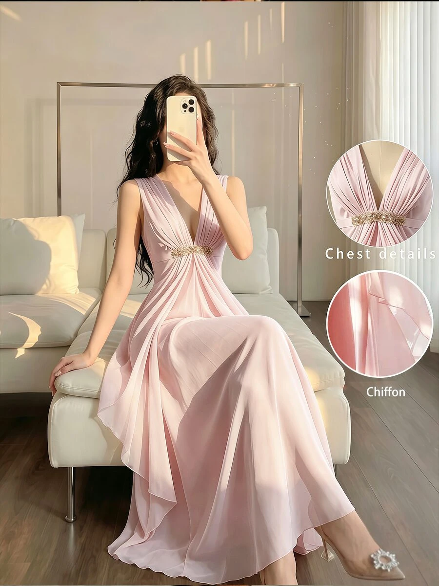 Celisse Women's Elegant Long Deep V-Neck Sleeveless Pink Dress - Pink - View 1