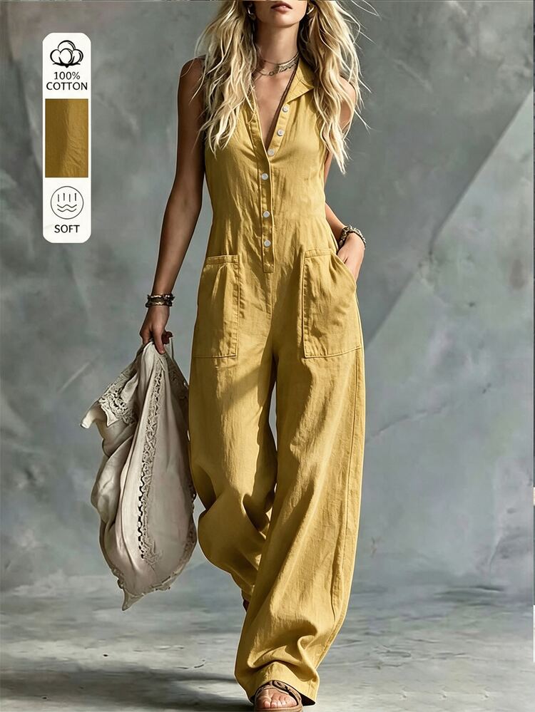 Hotletica Women's Solid Color Pocket Jumpsuit, Fashionable Casual Tropical Commute Long Pants Vacation Mustard Yellow Summer - Pale Yellow - View 3