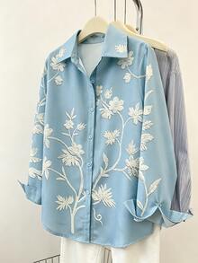 SHEIN Holidaya Kemeja Lengan Panjang Motif Bunga Longgar Kasual - Biru - View 6