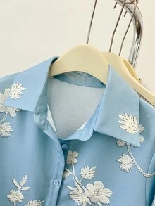 SHEIN Holidaya Kemeja Lengan Panjang Motif Bunga Longgar Kasual - Biru - View 8