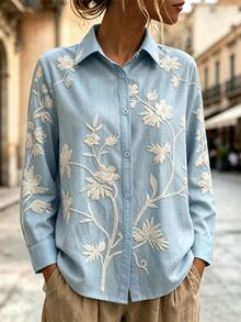SHEIN Holidaya Kemeja Lengan Panjang Motif Bunga Longgar Kasual - Biru - View 2