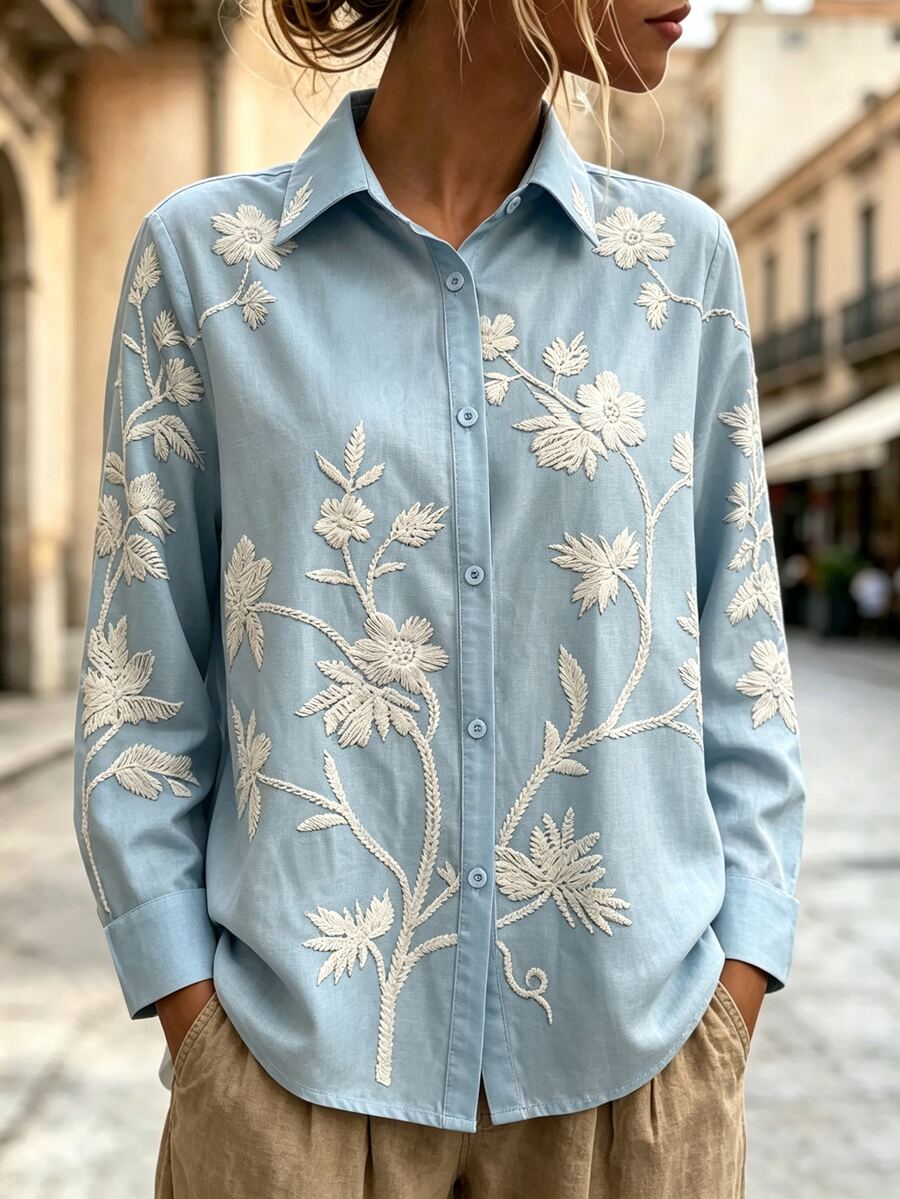 SHEIN Holidaya Kemeja Lengan Panjang Motif Bunga Longgar Kasual