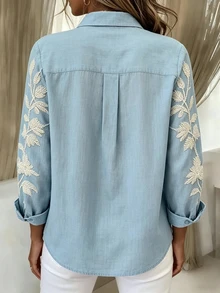 SHEIN Holidaya Kemeja Lengan Panjang Motif Bunga Longgar Kasual - Biru - View 4