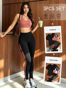 SHEIN Sports 3件組內衣、對比色緊身褲、短袖T恤，柔軟運動休閒套裝，健身房穿著，黑色、灰粉色、亮粉色，夏季款 - 彩色 - 查看 1