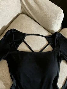 INAWLY Kaos Lengan Panjang Bagian Belakang Berongga dengan Bantalan Dada - Hitam - View 5
