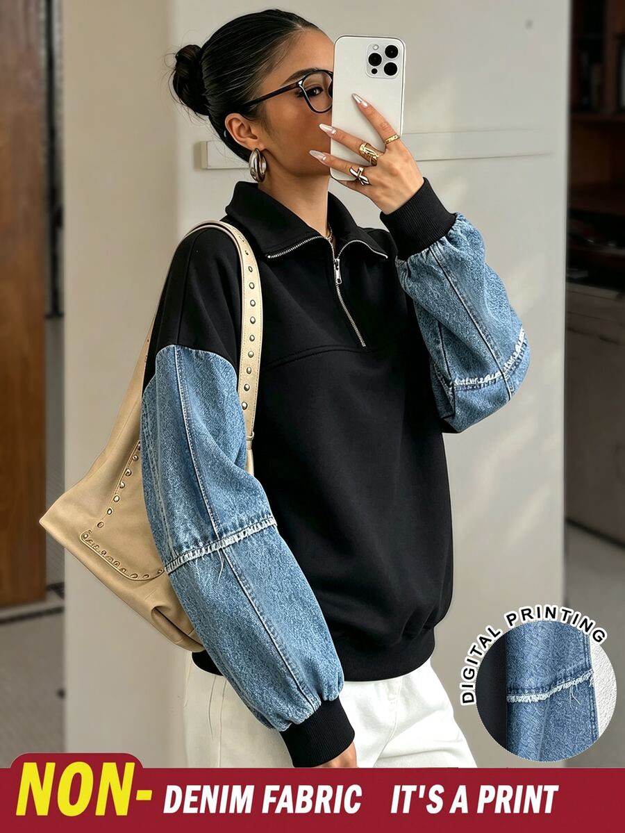 INAWLY 秋冬街頭休閒半拉鍊翻領毛邊下擺仿丹寧拼接落肩寬鬆長袖套頭衛衣,百搭日常校園街頭風 - 彩色 - 查看 1