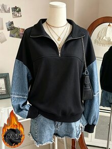 INAWLY 秋冬街頭休閒半拉鍊翻領毛邊下擺仿丹寧拼接落肩寬鬆長袖套頭衛衣，百搭日常校園街頭風 - 彩色 - 查看 4
