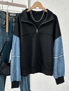 INAWLY 秋冬街頭休閒半拉鍊翻領毛邊下擺仿丹寧拼接落肩寬鬆長袖套頭衛衣，百搭日常校園街頭風 - 彩色 - 查看 6