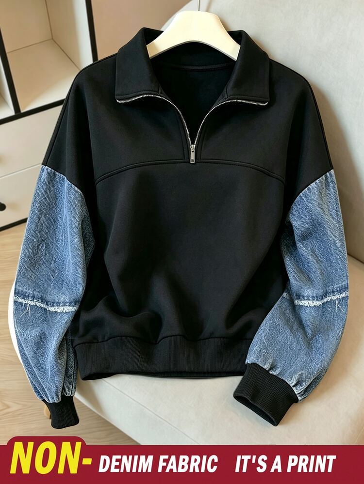 INAWLY Autumn/Winter Street Casual Half-Zip Turn-Down Collar Frayed Hem Faux Denim Patchwork Drop Shoulder Loose Long Sleeve Pullover Sweatshirt, Versatile Everyday Campus Streetwear - Multicolor - View 3