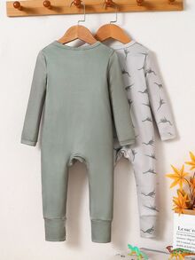 2pcs Baby Boy Cartoon Pattern Solid Color Crew Neck Long Sleeve Autumn/Winter Jumpsuit "Snug Fit" Pajamas - Green - View 2