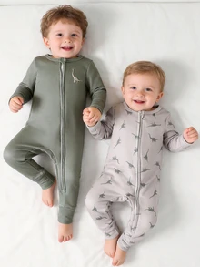 2pcs Baby Boy Cartoon Pattern Solid Color Crew Neck Long Sleeve Autumn/Winter Jumpsuit "Snug Fit" Pajamas - Green - View 3