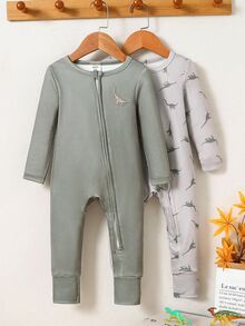 2pcs Baby Boy Cartoon Pattern Solid Color Crew Neck Long Sleeve Autumn/Winter Jumpsuit "Snug Fit" Pajamas - Green - View 6