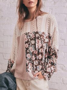 SHEIN Women's Bohemian Cottagecore Vintage Vacation Style Multi-Material Contrast Lace Floral Long Sleeve T-Shirt Casual Loose Drop Shoulder Round Neck - Multicolor - View 7