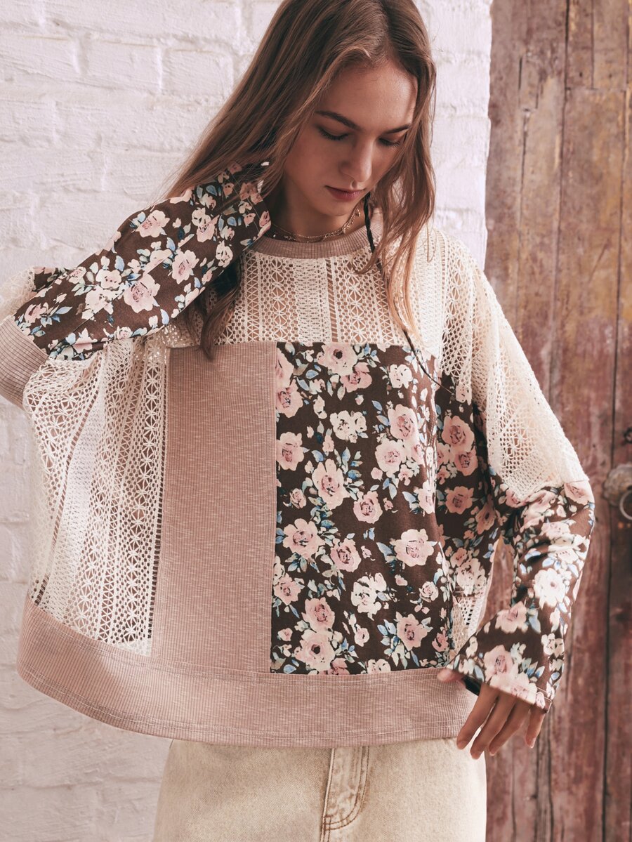 SHEIN Women's Bohemian Cottagecore Vintage Vacation Style Multi-Material Contrast Lace Floral Long Sleeve T-Shirt Casual Loose Drop Shoulder Round Neck - Multicolor - View 1