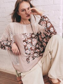 SHEIN Women's Bohemian Cottagecore Vintage Vacation Style Multi-Material Contrast Lace Floral Long Sleeve T-Shirt Casual Loose Drop Shoulder Round Neck - Multicolor - View 5