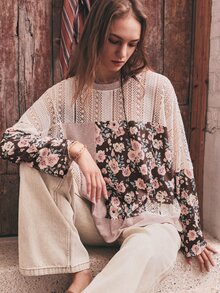 SHEIN Women's Bohemian Cottagecore Vintage Vacation Style Multi-Material Contrast Lace Floral Long Sleeve T-Shirt Casual Loose Drop Shoulder Round Neck - Multicolor - View 6