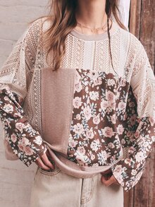SHEIN Women's Bohemian Cottagecore Vintage Vacation Style Multi-Material Contrast Lace Floral Long Sleeve T-Shirt Casual Loose Drop Shoulder Round Neck - Multicolor - View 4