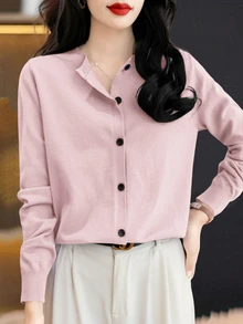 EMERY ROSE 1件純色極簡風鈕扣開襟針織外套，適合休閒日常穿著，秋季女款早午餐輕粉色 - 粉色 - 查看 5