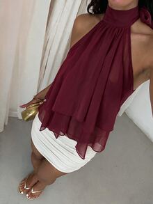 SHEIN Unity Wine Red Halter Chiffon Sleeveless Crop Top,Double Layer Ruffle Flowy Cold Shoulder Blouse For Beach Vacation,Summer Outing,Date And Daily Wear - Burgundy - View 4