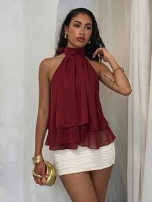 SHEIN Unity Wine Red Halter Chiffon Sleeveless Crop Top,Double Layer Ruffle Flowy Cold Shoulder Blouse For Beach Vacation,Summer Outing,Date And Daily Wear - Burgundy - View 5