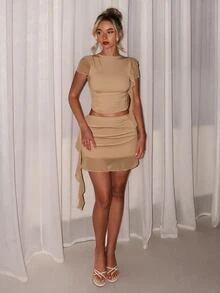 Glamine Khaki Mesh 2 Pieces Outfit, Ruffle Cap Sleeve Ruched Crop Top And Ruffled Mini Skirt,Sexy Slim Set For Party,Club,Date,Vacation,Summer Daily Wear - Khaki - View 3