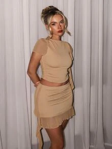 Glamine Khaki Mesh 2 Pieces Outfit, Ruffle Cap Sleeve Ruched Crop Top And Ruffled Mini Skirt,Sexy Slim Set For Party,Club,Date,Vacation,Summer Daily Wear - Khaki - View 5