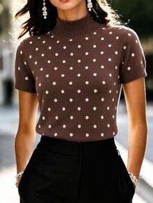 SHEIN Women's Polka Dot Mock Neck Fitted Short Sleeve Knit Top - Coffee Brown - View 3